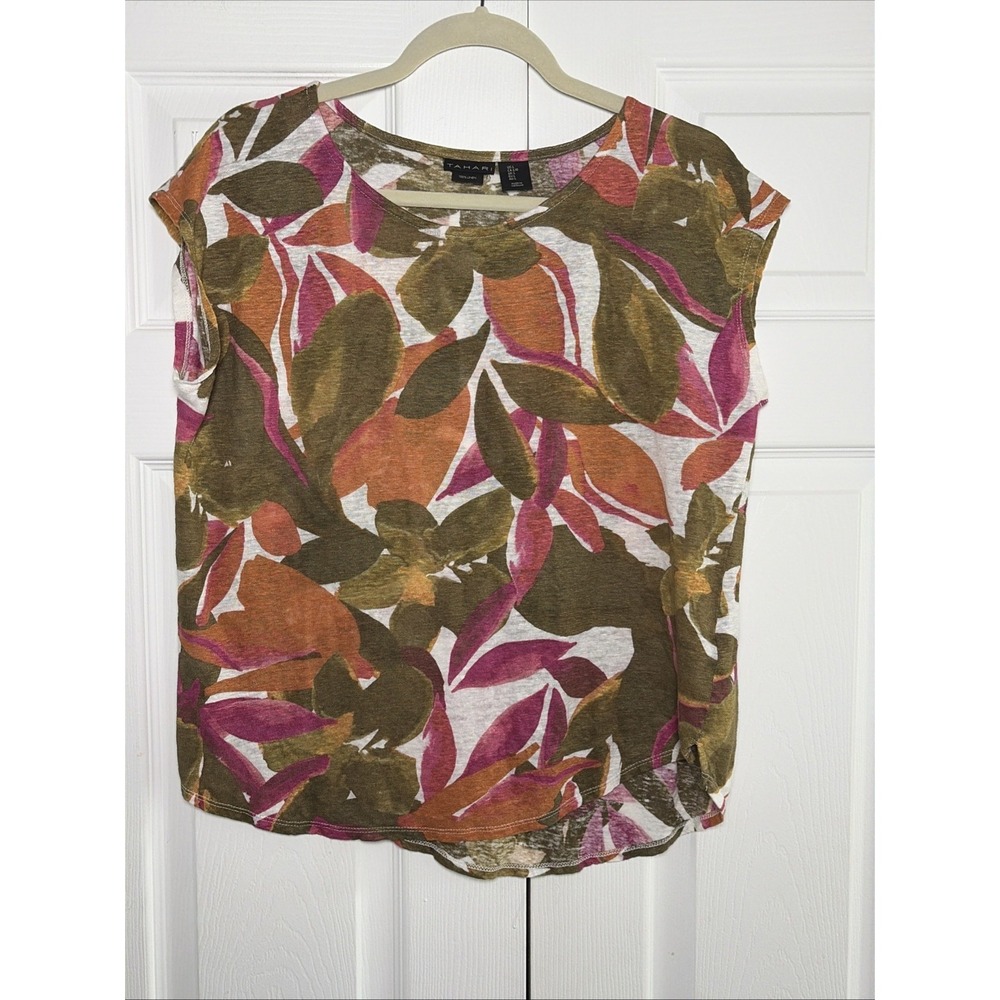 Tahari Linen Knit Tee Womens Size L Multicolor Floral Abstract Cap Sleeve‎ Top